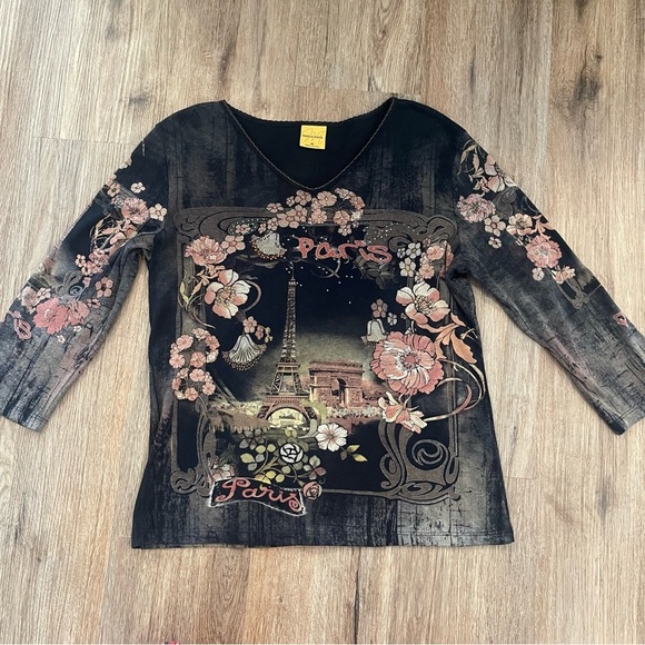 Y2K Vintage Tee Women’s Medium Graphic Embellished 3/4 Sleeves Fairy Grunge Goth - Picture 1 of 9